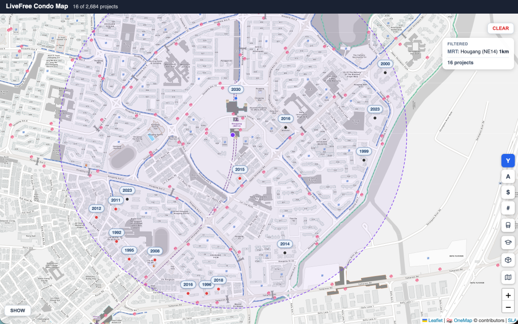 Hougang Central GLS 1km radius map around Hougang MRT