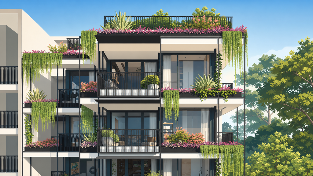 Jervois Mansion block facade with cascading planters