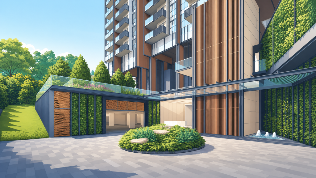 Juniper Hill arrival courtyard and the green wall