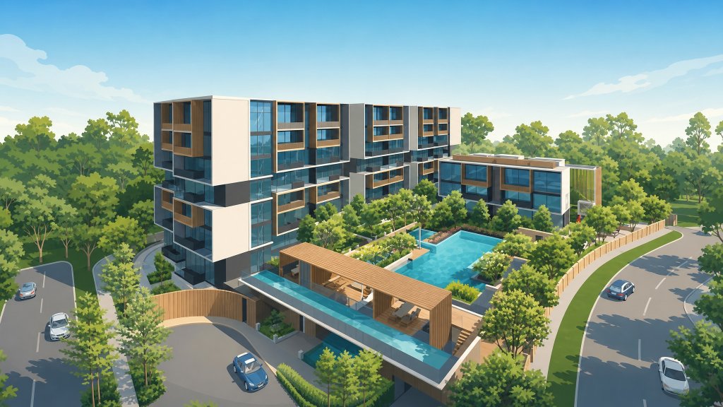 Kandis Residence aerial view of the blocks and pool