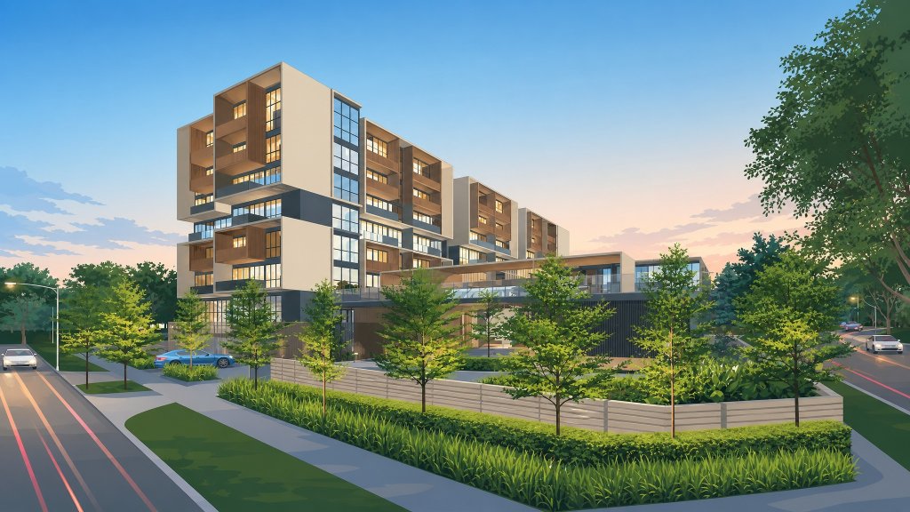 Kandis Residence blocks and roadside greenery at dusk