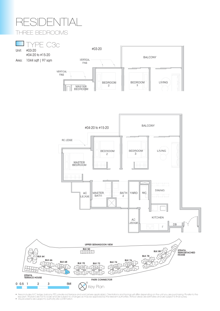 Kingsford Waterbay floor plan Type C3c, 1044 sqft, Hougang, Singapore
