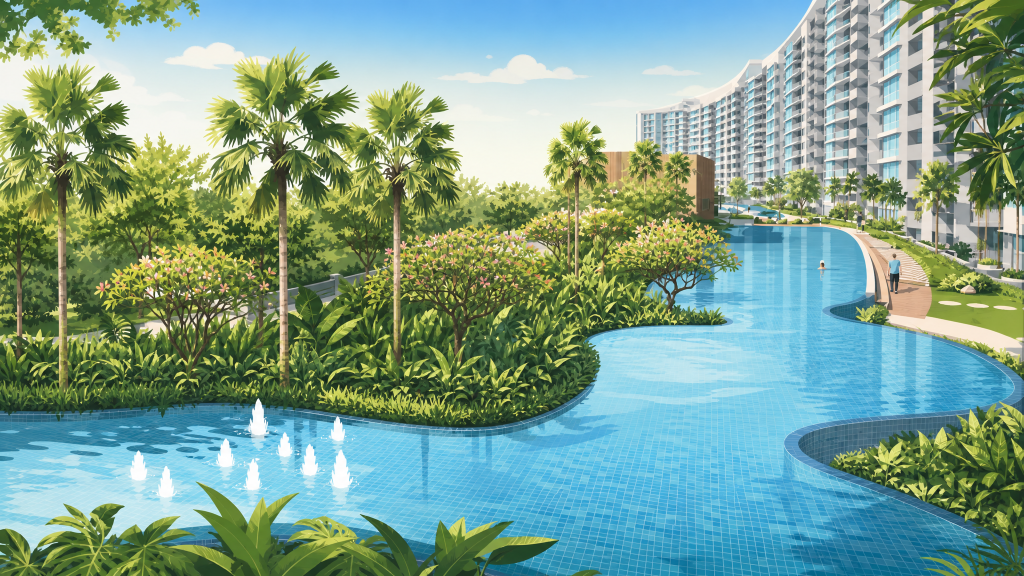 Kingsford Waterbay swimming pool and palm landscaping