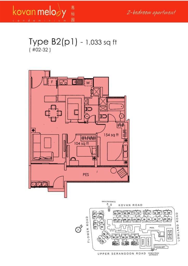 Kovan Melody floor plan Type B2p1, 1033 sqft, Hougang, Singapore