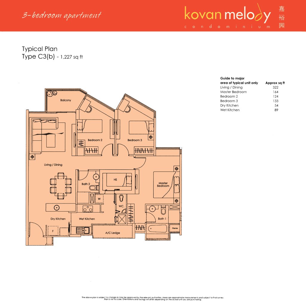 Kovan Melody floor plan Type Type-C3b, 1227 sqft, Hougang, Singapore
