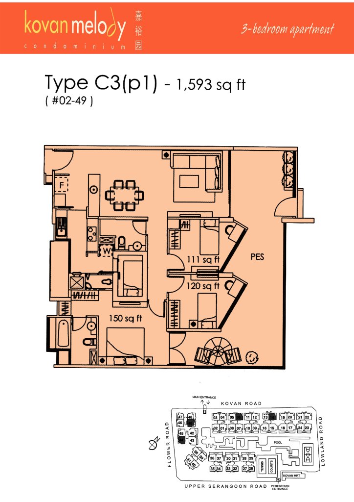 Kovan Melody floor plan Type C3p1, 1593 sqft, Hougang, Singapore