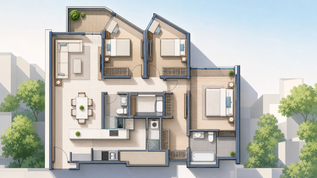 Kovan Melody illustrated unit layout with the site outline, Hougang, Singapore