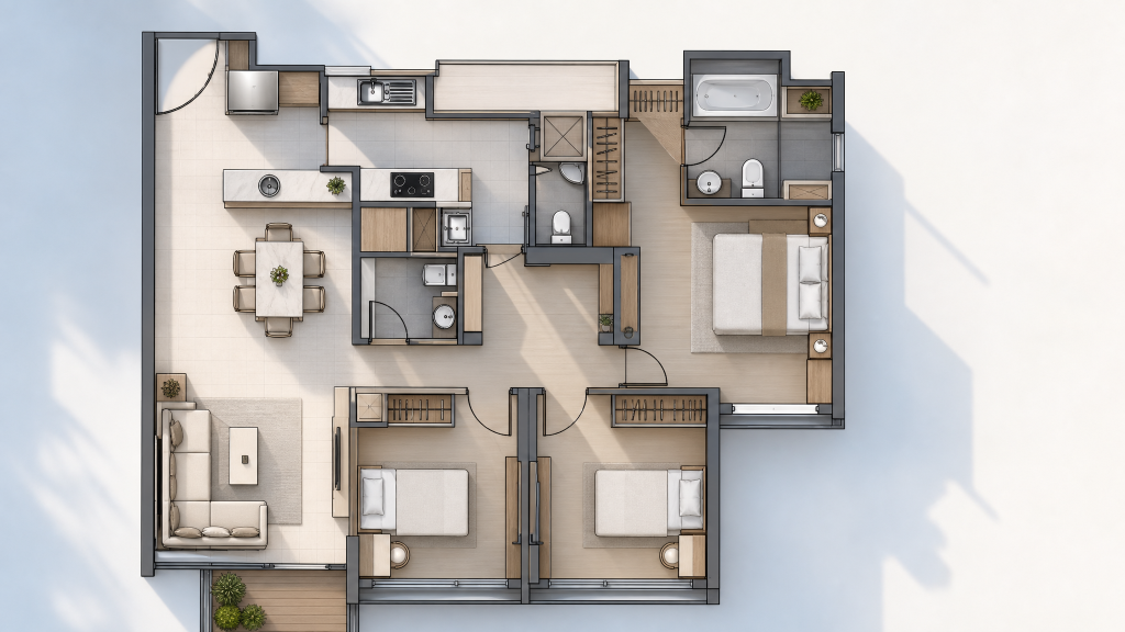 Kovan Melody illustrated 3 bedroom unit layout, Hougang, Singapore