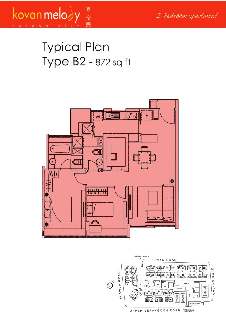 Kovan Melody floor plan Type B2, 872 sqft, Hougang, Singapore