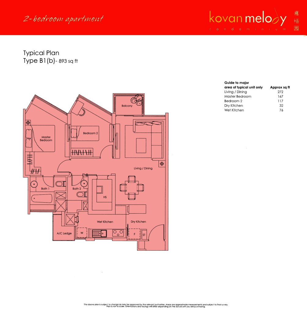 Kovan Melody floor plan Type Type-B1b, 893 sqft, Hougang, Singapore