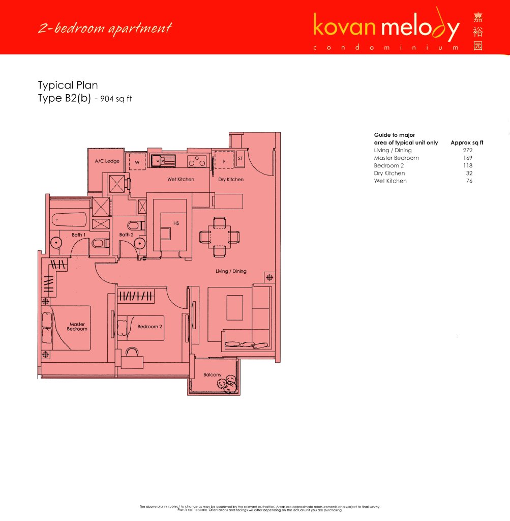 Kovan Melody floor plan Type Type-B2b, 904 sqft, Hougang, Singapore