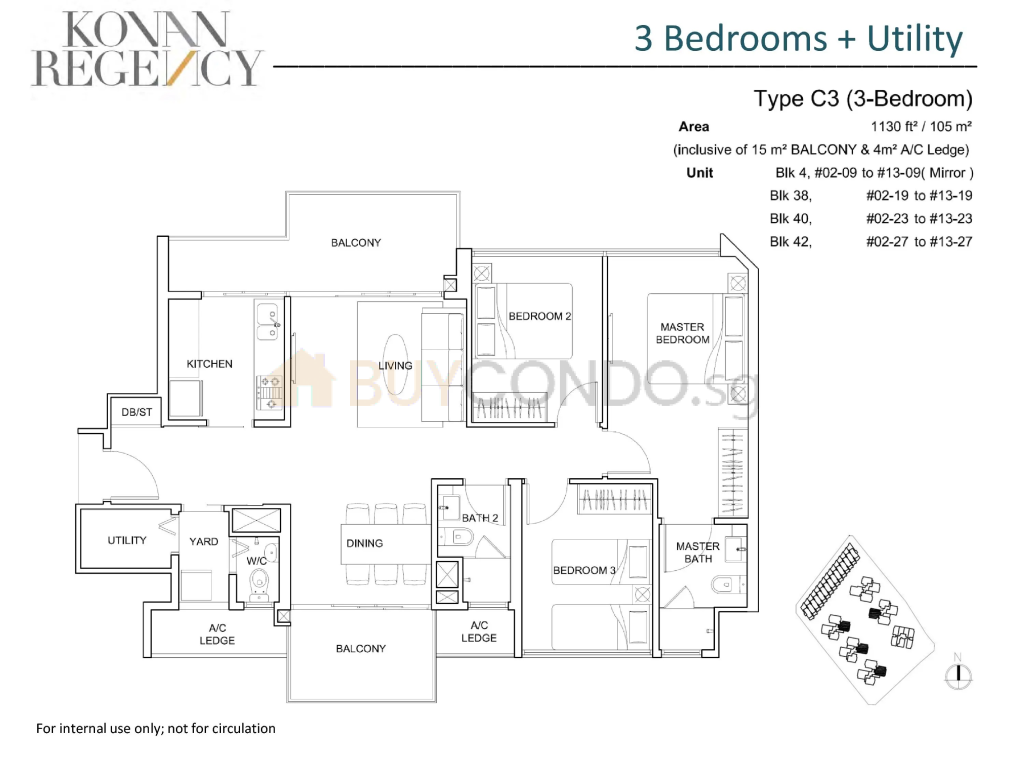 Kovan Regency floor plan Type C3, 1130 sqft, Hougang, Singapore