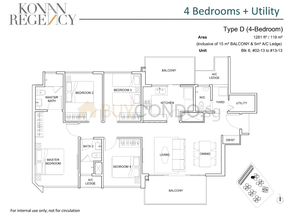 Kovan Regency floor plan Type D, 1281 sqft, Hougang, Singapore
