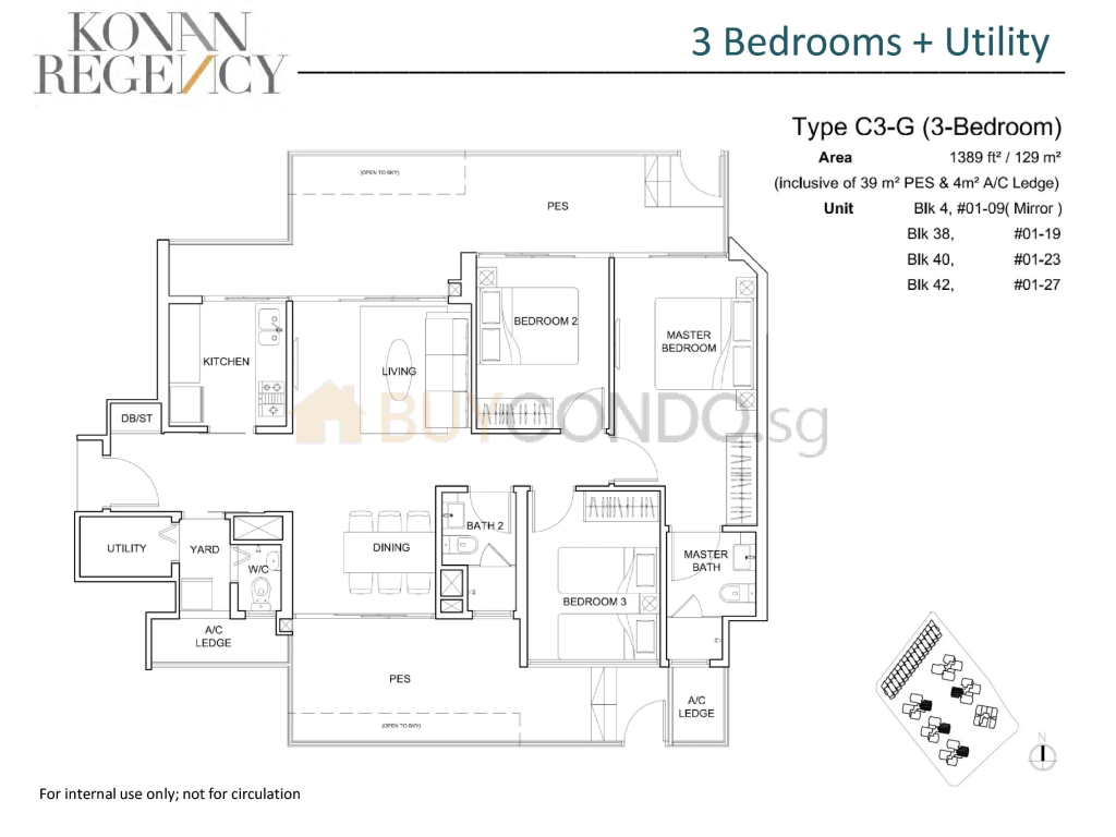 Kovan Regency floor plan Type C3-G, 1389 sqft, Hougang, Singapore