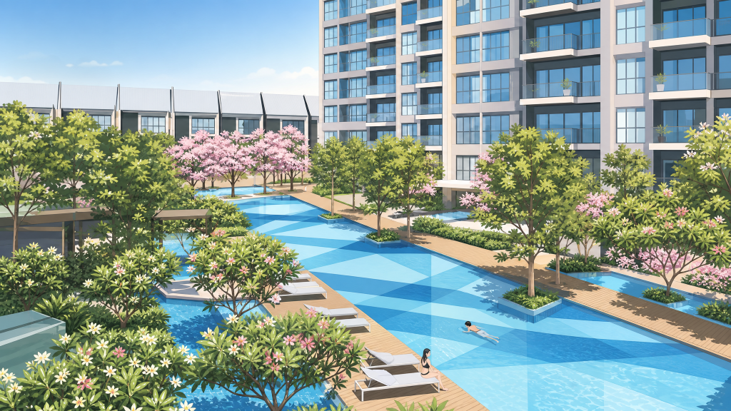 Kovan Regency swimming pool and flowering trees