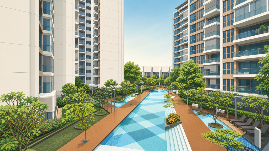 Kovan Regency pool corridor between the towers