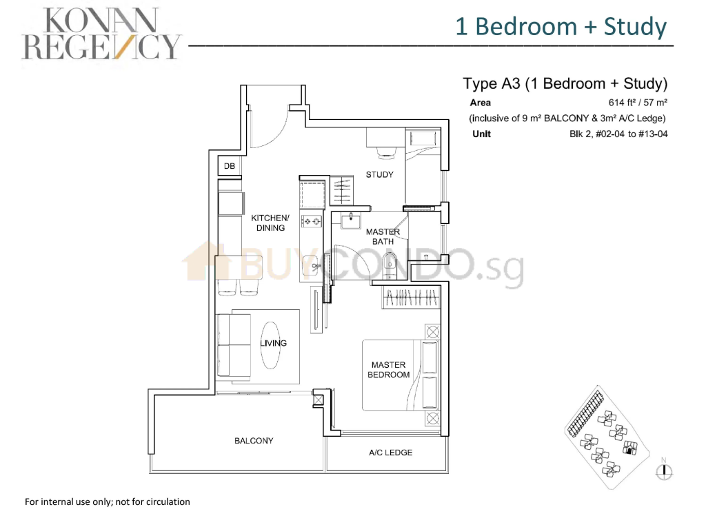 Kovan Regency floor plan Type A3, 614 sqft, Hougang, Singapore