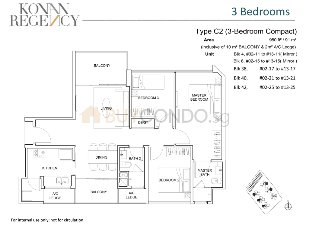 Kovan Regency floor plan Type C2, 980 sqft, Hougang, Singapore