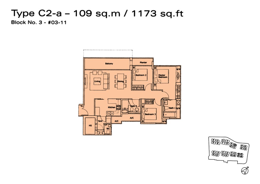Kovan Residences floor plan Type C2-a, 1173 sqft, Hougang, Singapore