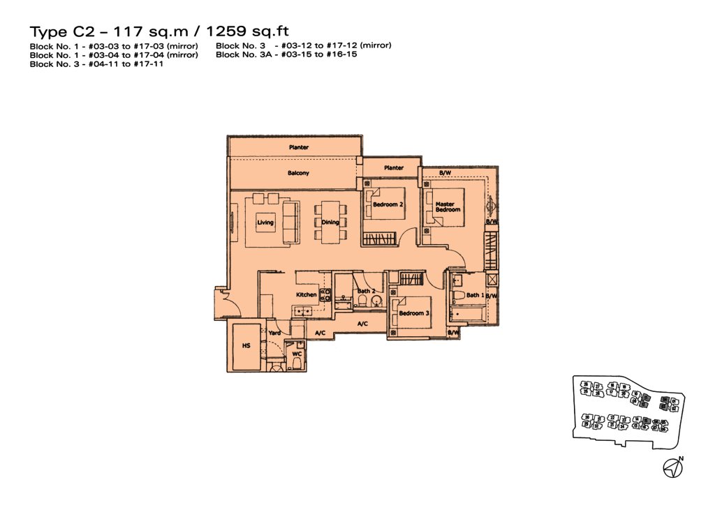 Kovan Residences floor plan Type C2, 1259 sqft, Hougang, Singapore