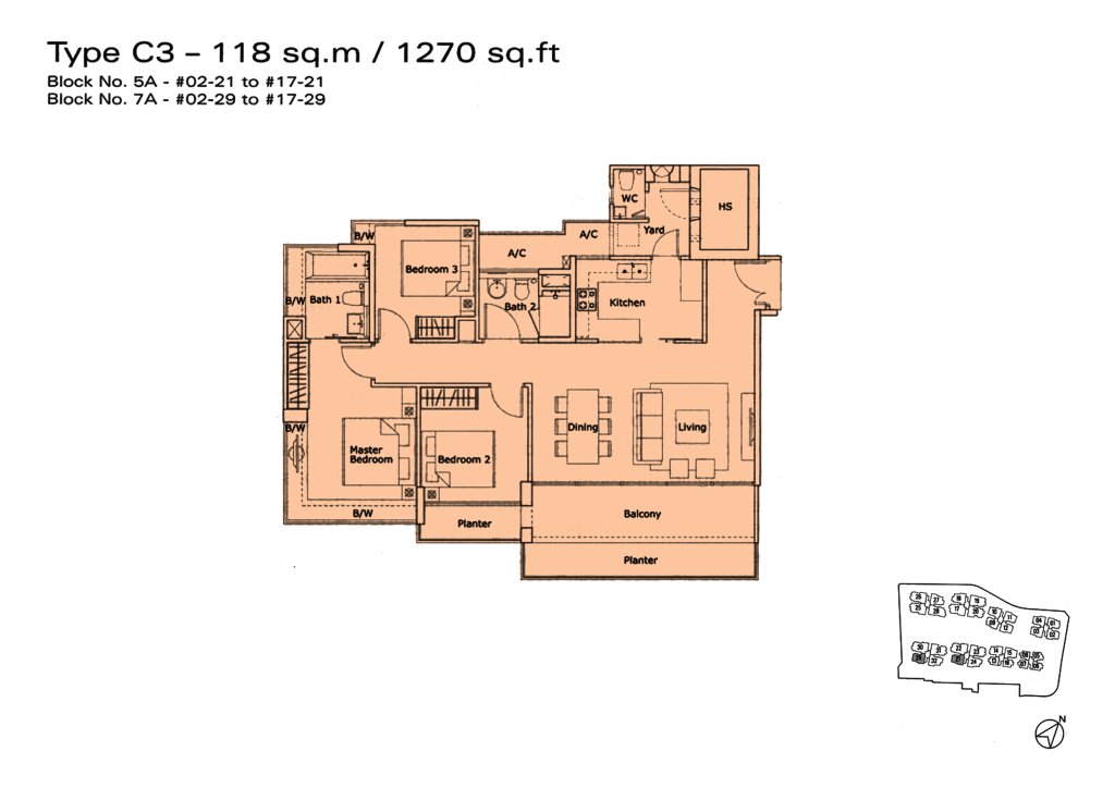 Kovan Residences floor plan Type C3, 1270 sqft, Hougang, Singapore