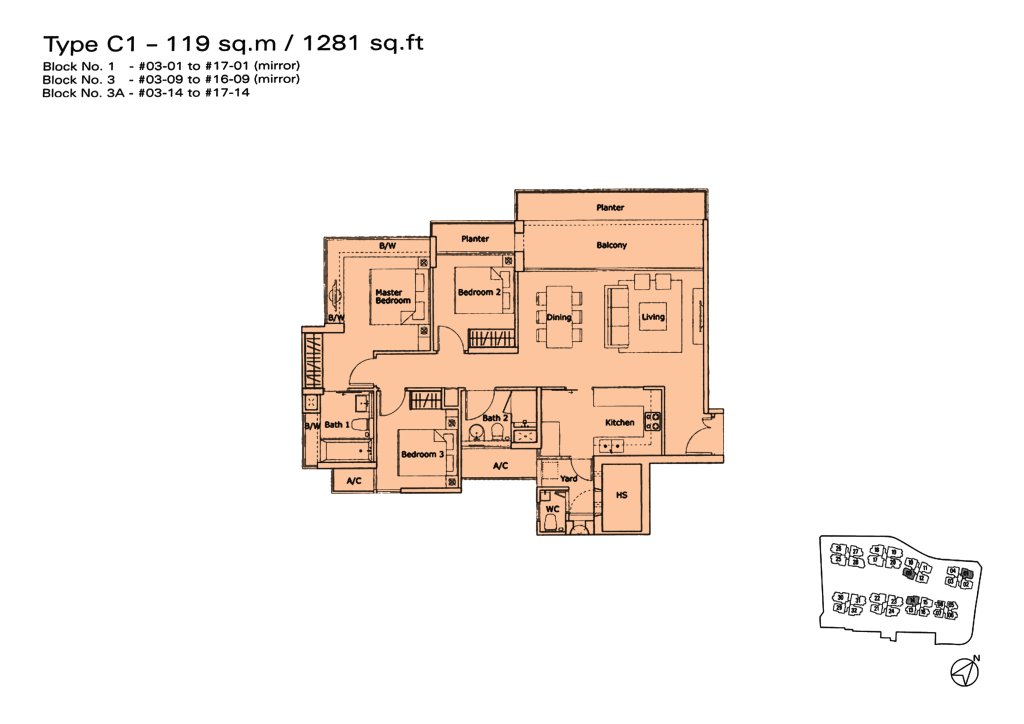 Kovan Residences floor plan Type C1, 1281 sqft, Hougang, Singapore