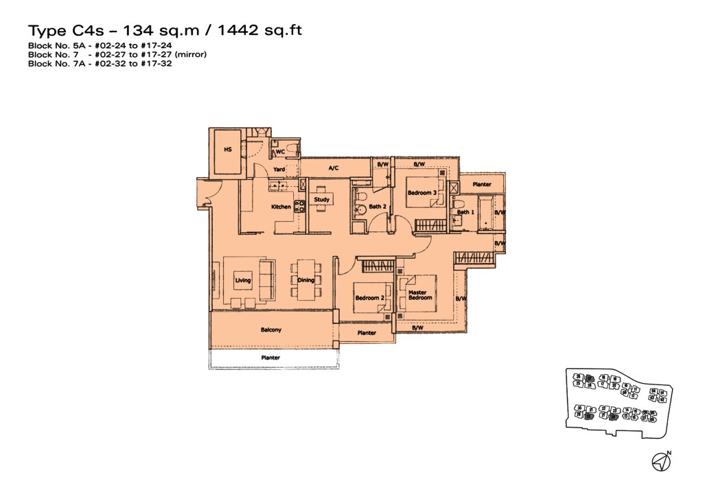 Kovan Residences floor plan Type C4s, 1442 sqft, Hougang, Singapore