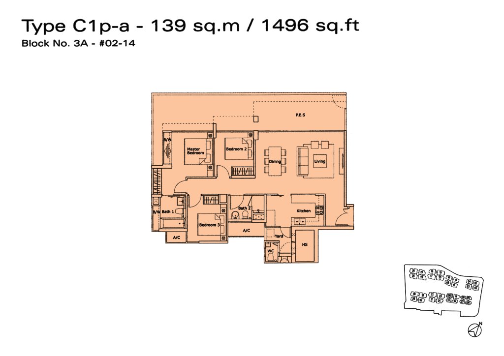 Kovan Residences floor plan Type C1p-a, 1496 sqft, Hougang, Singapore