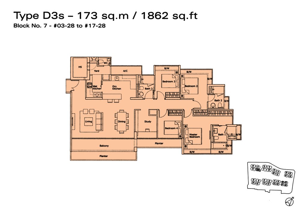Kovan Residences floor plan Type D3s, 1862 sqft, Hougang, Singapore