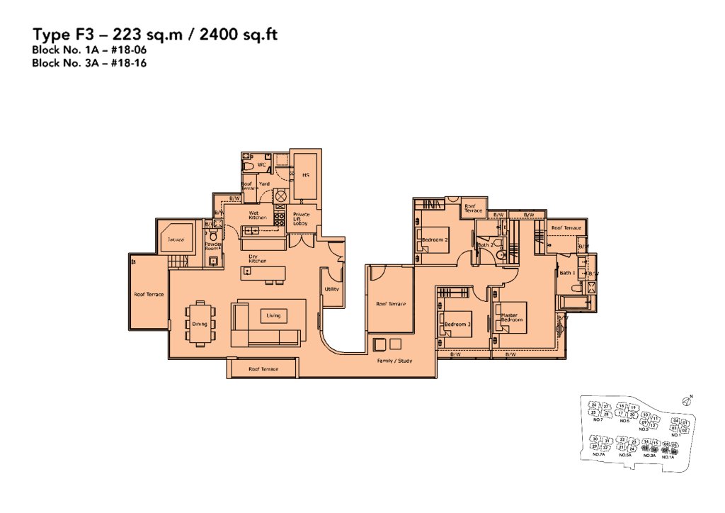 Kovan Residences floor plan Type F3, 2400 sqft, Hougang, Singapore