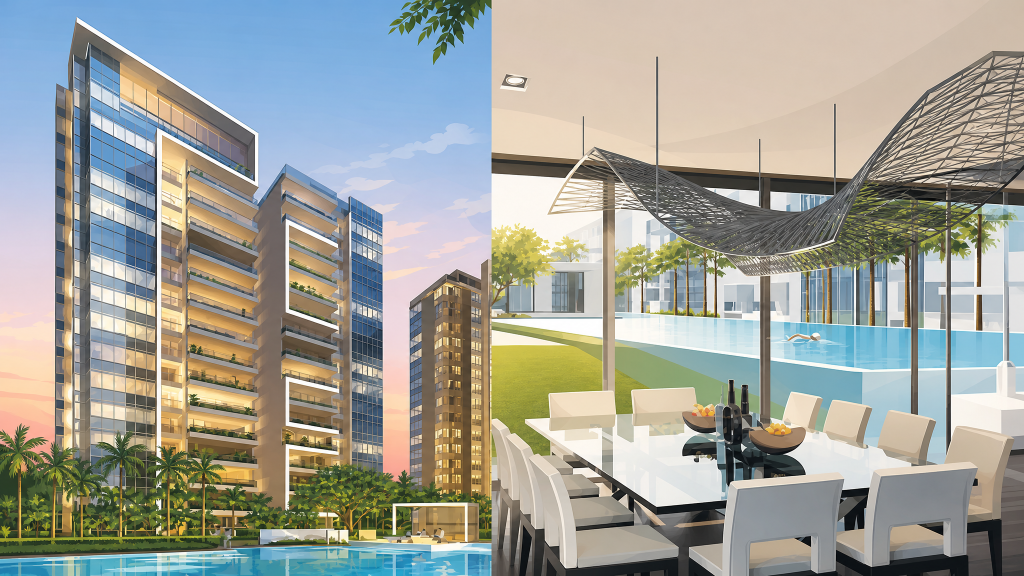 Kovan Residences sky terrace dining area and tower facade
