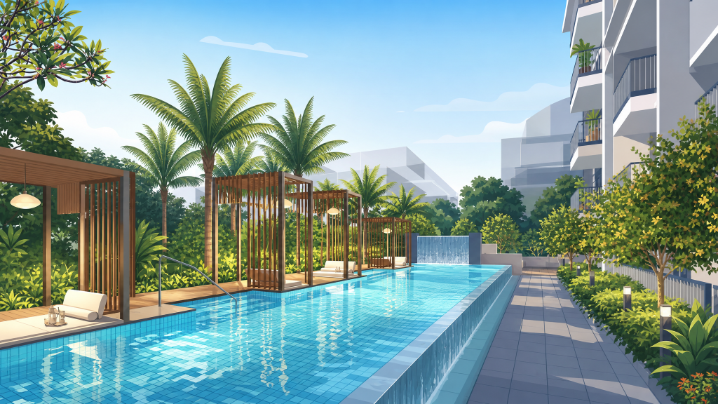Kovan Residences lap pool and shaded pergola