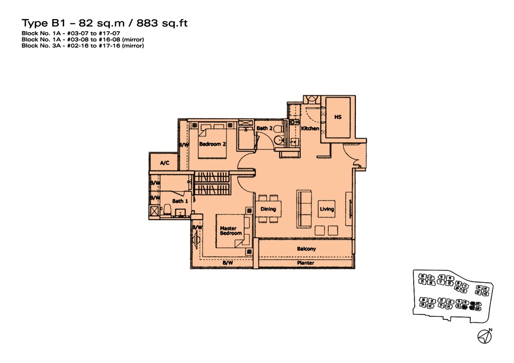 Kovan Residences floor plan Type B1, 883 sqft, Hougang, Singapore