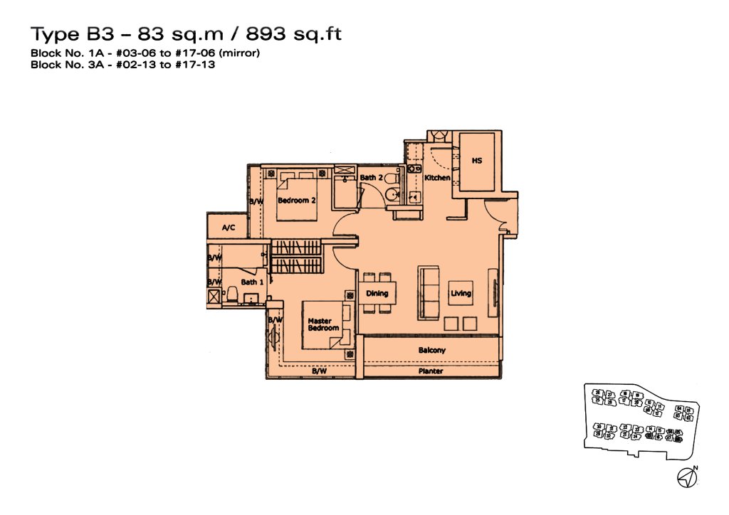 Kovan Residences floor plan Type B3, 893 sqft, Hougang, Singapore