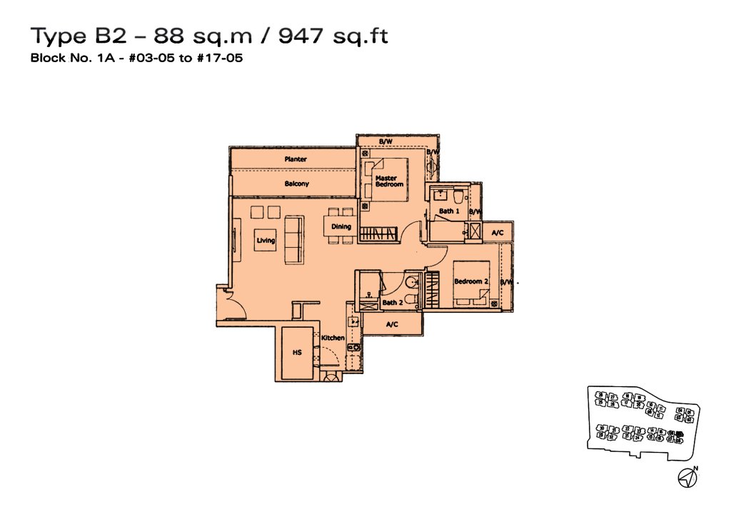 Kovan Residences floor plan Type B2, 947 sqft, Hougang, Singapore