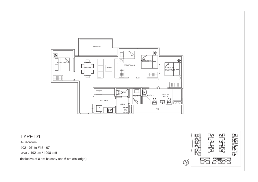 La Fiesta floor plan Type D1, 1098 sqft, Sengkang, Singapore