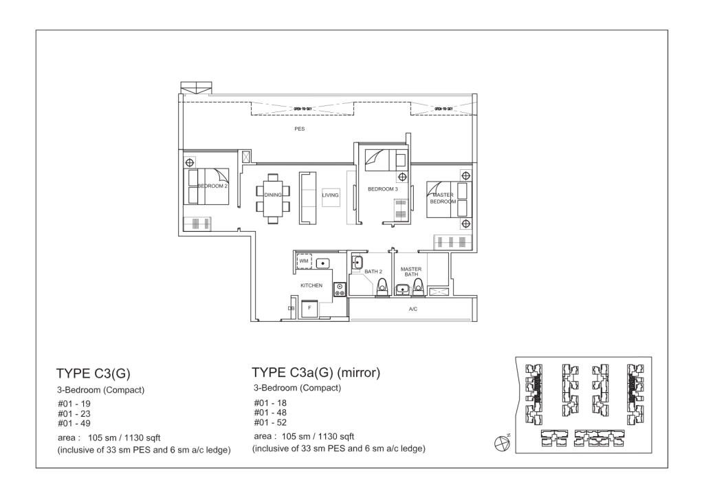 La Fiesta floor plan Type C3G, 1130 sqft, Sengkang, Singapore