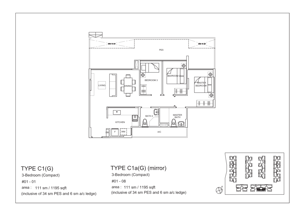 La Fiesta floor plan Type C1G, 1195 sqft, Sengkang, Singapore