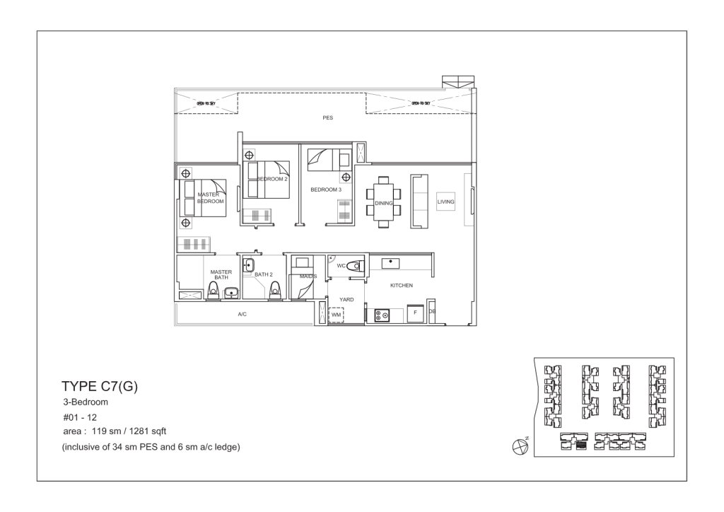 La Fiesta floor plan Type C7G, 1281 sqft, Sengkang, Singapore