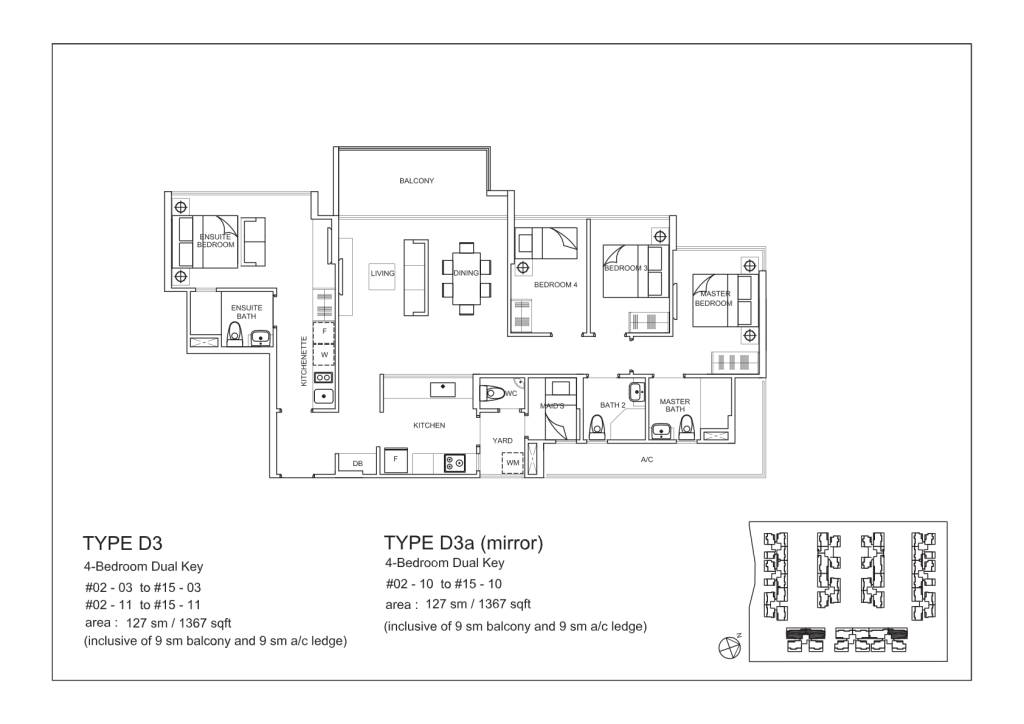La Fiesta floor plan Type D3, 1367 sqft, Sengkang, Singapore
