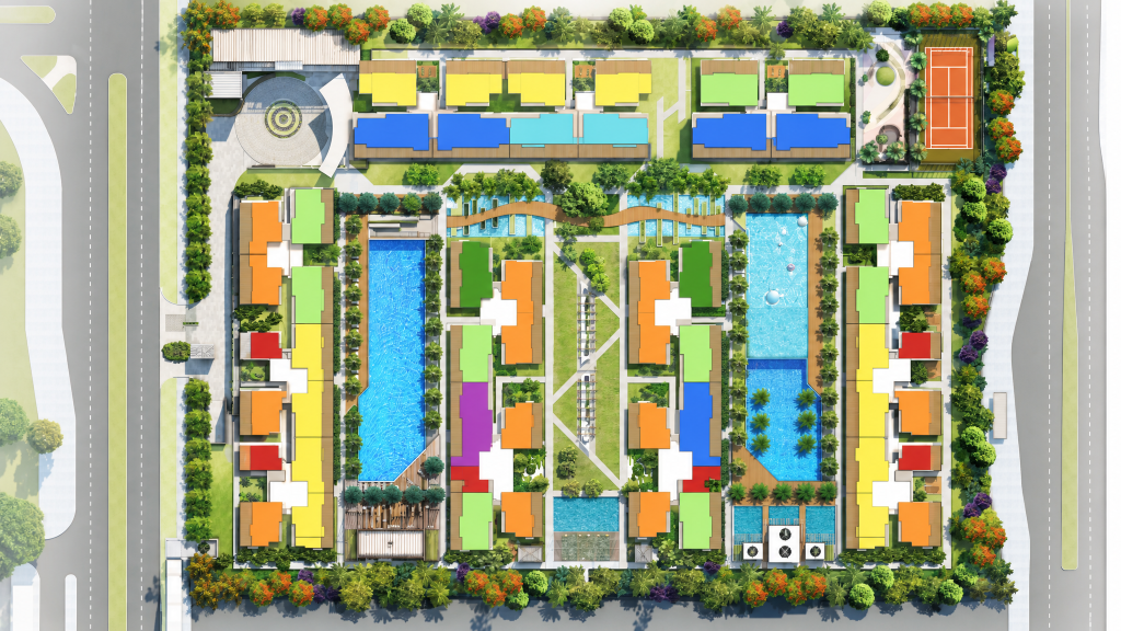 La Fiesta illustrated site plan showing the blocks, pools and tennis court, Sengkang, Singapore