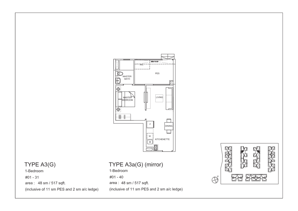 La Fiesta floor plan Type A3G, 517 sqft, Sengkang, Singapore