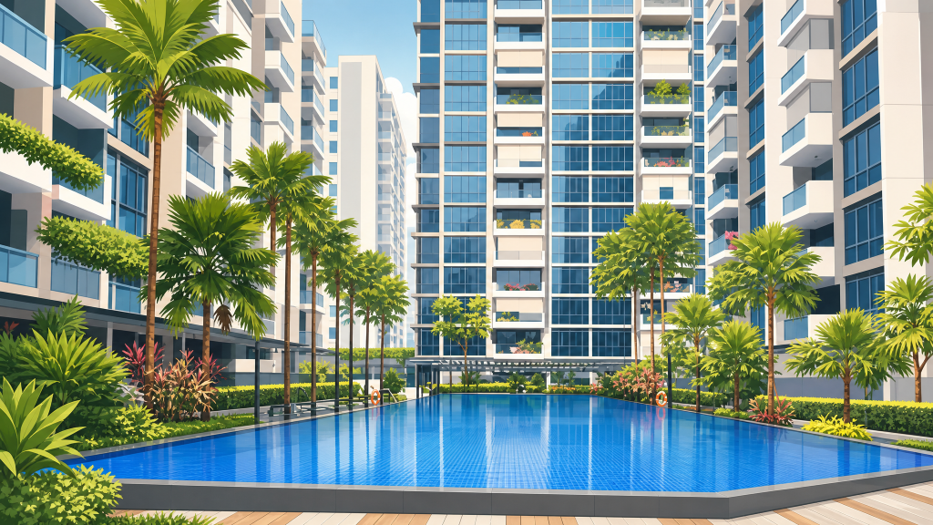 La Fiesta swimming pool and palm landscaping