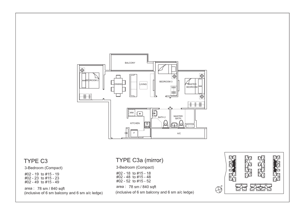 La Fiesta floor plan Type C3, 840 sqft, Sengkang, Singapore