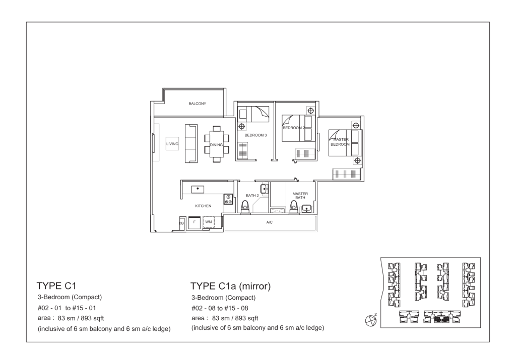 La Fiesta floor plan Type C1, 893 sqft, Sengkang, Singapore