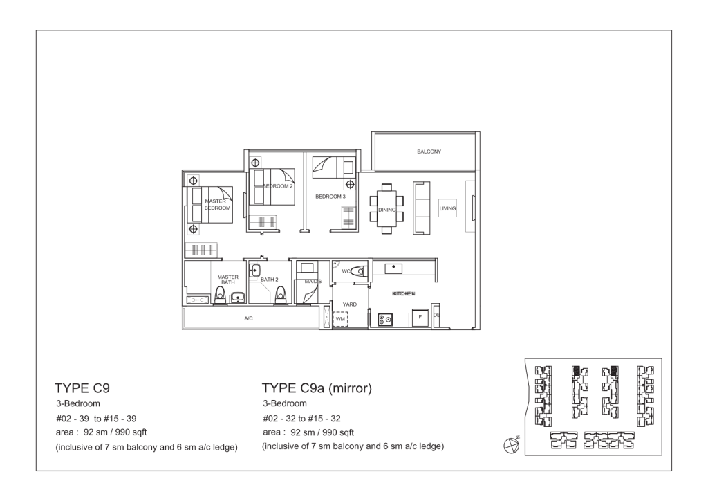 La Fiesta floor plan Type C9, 990 sqft, Sengkang, Singapore