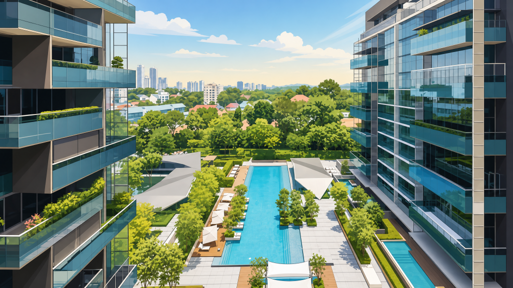 Leedon Residence aerial view of the lap pool between the blocks