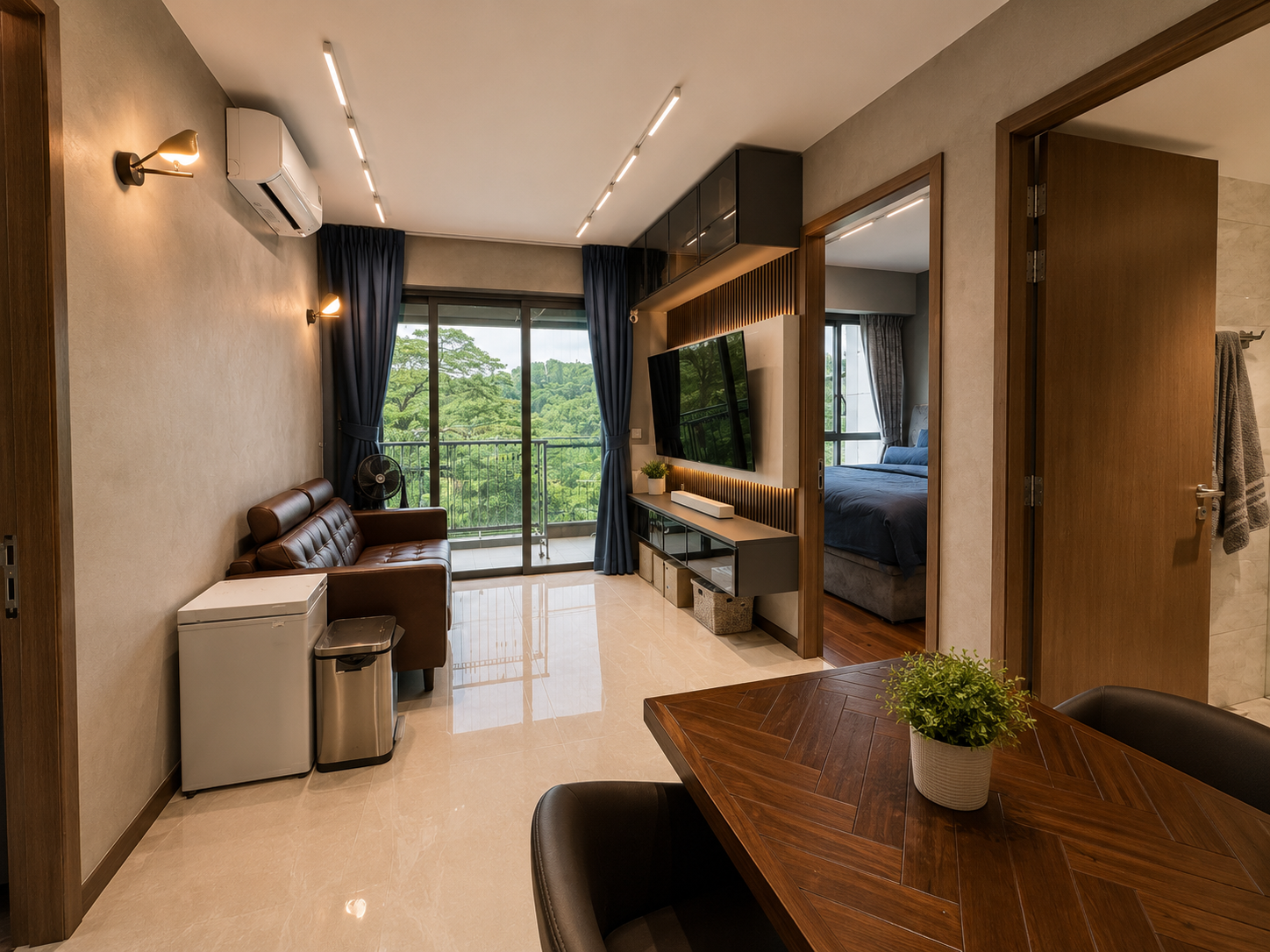 Normanton Park living and dining area with balcony and forest view