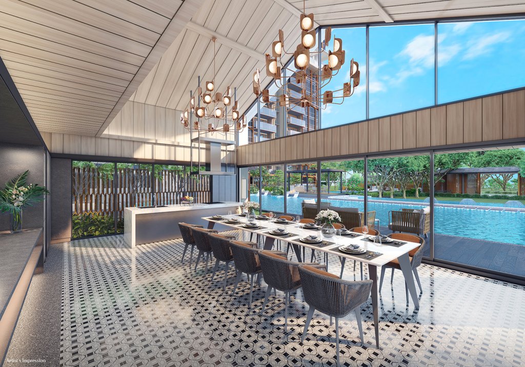 Liv @ MB clubhouse dining room beside the pool
