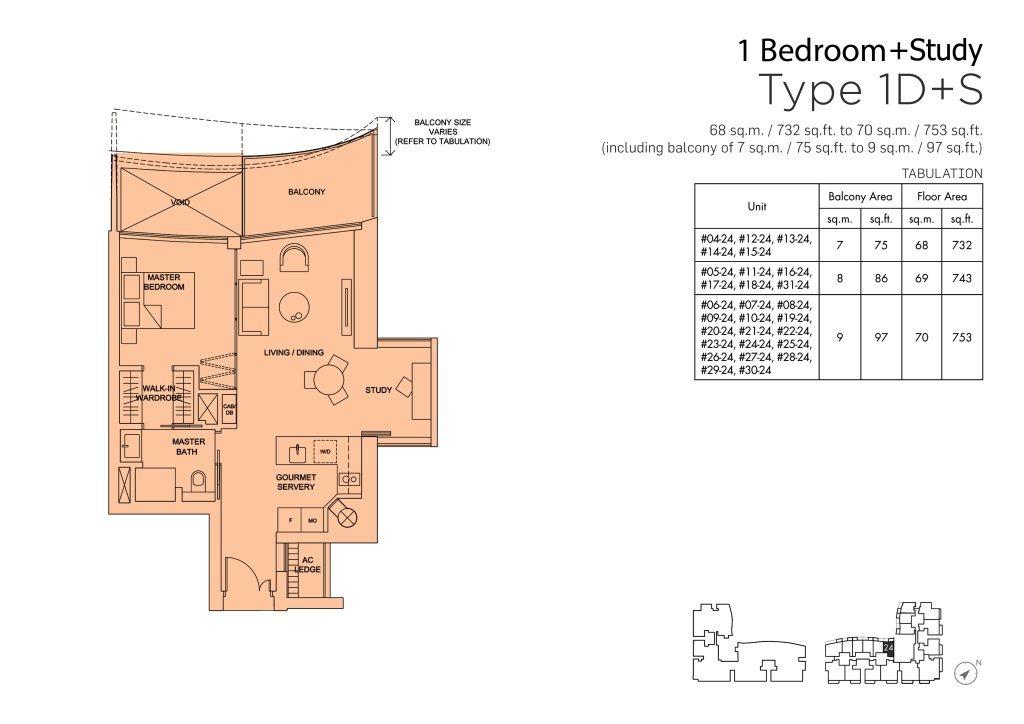 Marina One Residences floor plan 732 sqft Type 1D+S